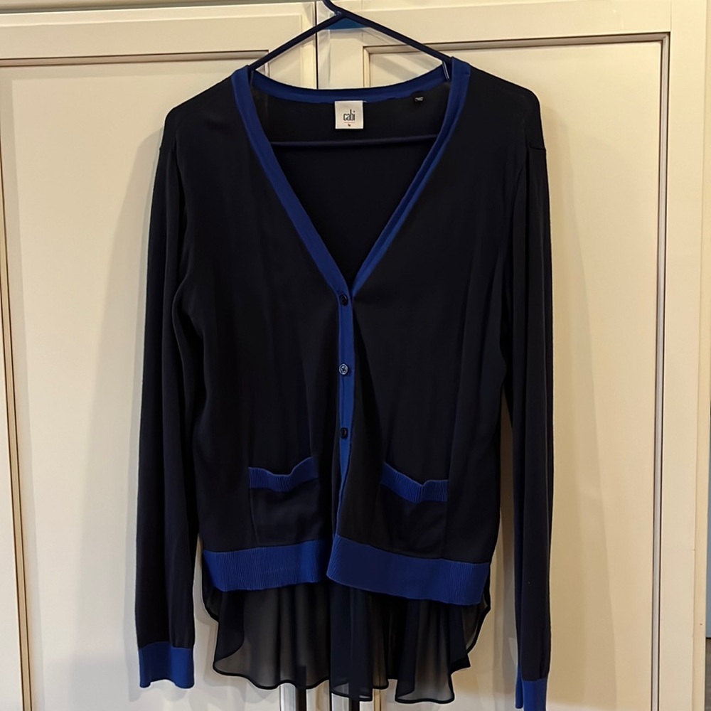 CAbi lightweight sweater. Perfect for layering. Navy blue with royal blue trim.